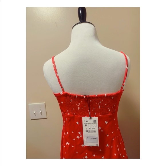 Zara Stars Spaghetti Straps Satin Red Mini Dress New Size M - Picture 10 of 11